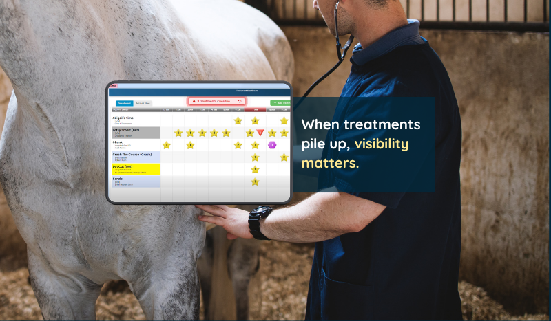 Wise Option Clinical’s Treatment Dashboard gives equine hospitals a shared, at-a-glance view of what is done, what is delayed, and what still needs attention. 